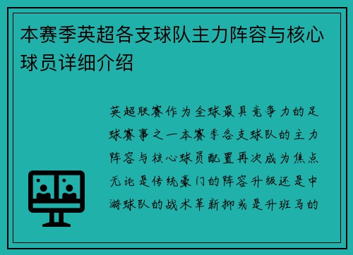 本赛季英超各支球队主力阵容与核心球员详细介绍