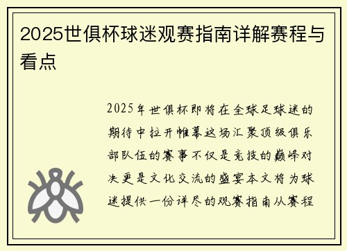 2025世俱杯球迷观赛指南详解赛程与看点